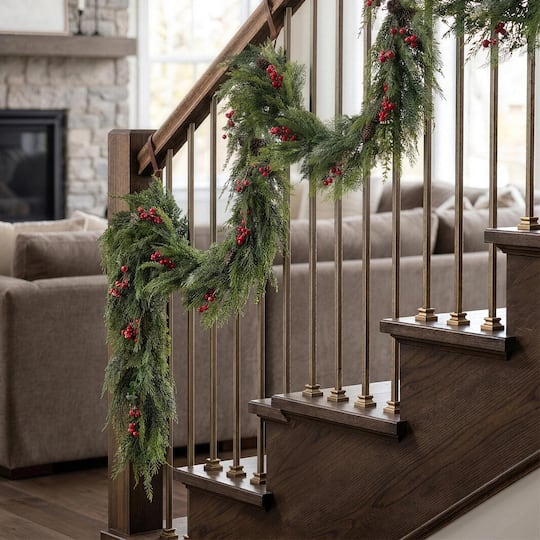 Glitzhome® 6ft. Christmas Greenery Frosted PE Dripping Garland with Pinecones & Red Berries, Set of 2
